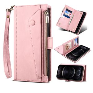 Lanyard Zipper Folio Matte Leather Phone Cases for Samsung A12 A32 5G A42 A52 LG Stylo7 Google Pixel 7 Pro 6 6A Sony Xperia 1 10 5 Rope Multi-functional Zipper Wallet Shell