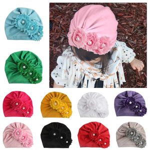 New Infant Newborn Caps with Pearl Chiffon Flowers Cotton Blend Knot Turban Girls Stretchy Beanie Hat Baby Hair Accessories