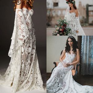 Böhmische Land-Meerjungfrau-Hochzeitskleider, luxuriöse Häkelspitze, Beau-Kleid, Boho-Chic, Hippie, herzförmiges Brautkleid, Glöckchen, lange Ärmel