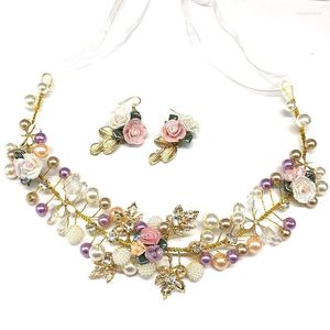 Headpieces Bridal Wedding Headwear Handgjorda Pearl Purple Ceramic Flower Soft Chain Headband Hair Rem Dress Accessories