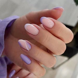 Fałszywe paznokcie 24PCS Odłączane migdałowe okrągłe prasa do noszenia na fioletowych falowych liniach pełna pokrywa końcówki paznokcia manicure