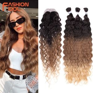 Hair pieces FASHION IDOL Synthetic Extensions Body Wave Bundles With Closure 26 inch Ombre Blonde Weaving For Women 221107
