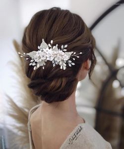 أغطية الرأس HP338 Silver Luxurious Hair Comb مع زهرة طين ناعمة وحليب الحليب الحفلات الزفاف