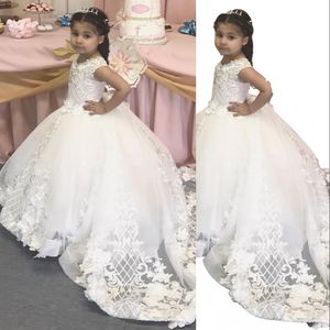 Princess White Lace Flower Girl Dresses 3D Floral Sweep Train Jewel Neck Illusion