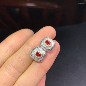 Brincos de garanhão elegante adorável travesseiro quadrado rubi vermelho rubi precioso 925 prata mulheres jóias de presente de casamento