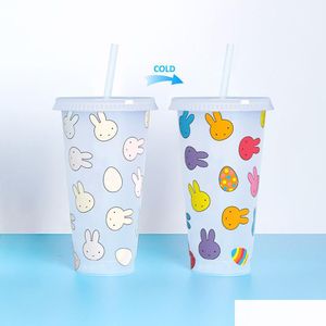 Tumblers Color Changing Tumbler Cups With Lids Sts Reusable Plastic Tumblers For Cold Drink Love Bunny Pattern 710Ml Drop Delivery H Dh2Xs