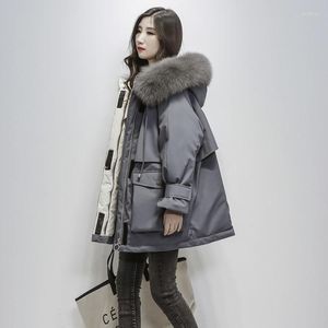 Kadınlar aşağı orta uzunlukta Kore tarzı yastıklı ceket kadınlar gevşek büyük kürk yakalı