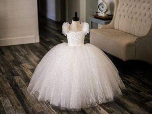 Vestidos de niña blanca brillante encaje de flores simples tul pequeño boda vintage comunión vestidos de concurso