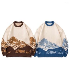 Männer Pullover Männer Hip Hop Streetwear Harajuku Pullover Vintage Japanischen Stil Schnee Berg Gestrickte Pullover Winter Lässige Strickwaren Kleidung