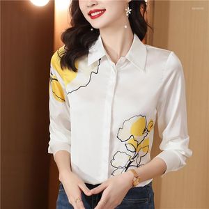 Blusas femininas sofisticadas especialmente bonitas durante toda a estação White Mulberry Silk Print Women Sweet Elegante Slim OL Workwear Top Shirt