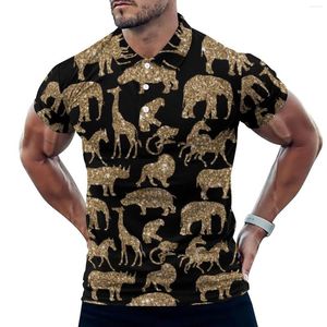 Herrpolos vilda djur casual t-shirts gyllene glitter tryck polo skjorta manlig cool sommar kort ärm anpassad kläder stor storlek