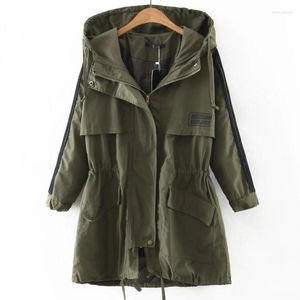 Trench da donna con coulisse autunno giacca a vento da donna con cappuccio colori verde militare/nero per il tempo libero cerniera sport moda capispalla larghi