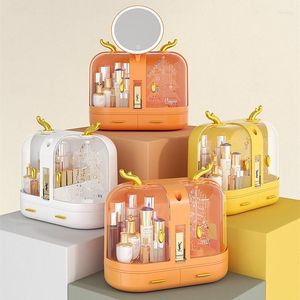 Aufbewahrungsboxen Kosmetikbox mit Spiegel Make-up-Organizer Desktop-Hautpflege Lippenstift Ohrringe Ausstellungsstand Halskette Schmuckbehälter