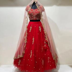 De Vestido Fiesta Boda Red Indian Evening Gowns Two Pieces Shaadisaga Applique Three Pieces Prom Dress With Wrap