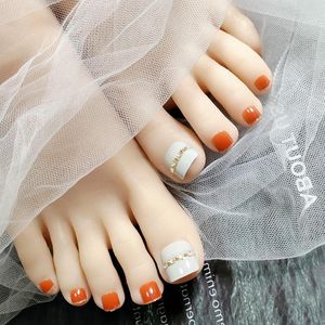 Falska naglar falska fötter orange guld trim dekorativa tå nagel klistermärken färdiga akrylprodukter 24 stycken med lim wd
