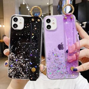 Casos de luxo Bling Glitter Wrist Strap Case para iPhone 12 11 13 14 Pro Max XR XS Max X 7 8 Plus 11 13PRO 14 Capa traseira transparente suave