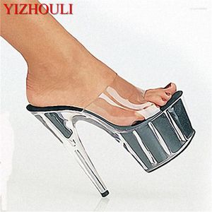 Elbise ayakkabıları şık 15 cm yüksekliğinde topuk platformları terlik kadınları seksi kristal sandaletler 6 inç parıltı topuklular kulüp