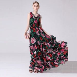 Runway Dresses Women's Spring and Summer Fashion V-ringad ärmlös tryckning Lång stor pendel stil elastisk kaka kjol