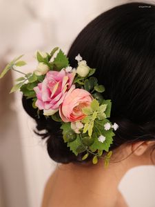 Headpieces Flower Headdress Pink Rose Leaf Female Glamour Bridal Hair Accessories Women Wedding Comb