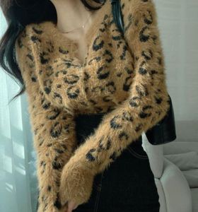 Slim Leopar için Kadın Sweaters Tek Kelime Kılıçlı Örme Korece Kore Moda Şık Sonbahar Kış Kabarık Sweater