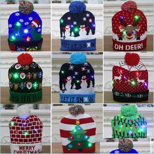 Chapéus de festa lideraram os gorros de malha de malha de neve santa unissex adts crianças ano novo natal chapéu luminoso fester christel party grow dell dhm57