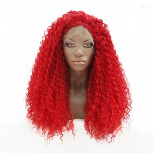 Synthetische pruiken rode kleur afro kinky krullende vezel pruik 180% dichtheid hittebestendige halve handgebonden kanten kanten front cosplay feest