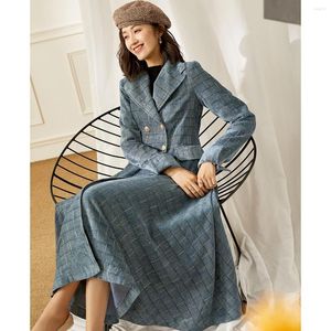 Women's Trench Coats Winter Plaid Coat Office Lady Oxford Double Breasted Long Sleeve Windbreaker Jackets Korean Pockets