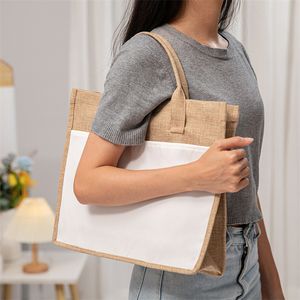 Großhandel Sublimation weiße leere Taschen Wärmeübertragung Einkaufstasche einseitig für Sub 380g Baumwolle Leinen Stoff Griff Pack A12