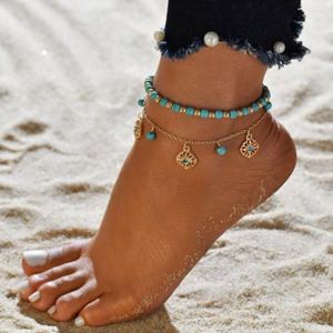 Fußkettchen Böhmische blaue Perlen Knöchel-Armband für Frauen Boho Beinkette Blume Fußkettchen Vintage Goldfarbe Sommer Strand Fuß Modeschmuck