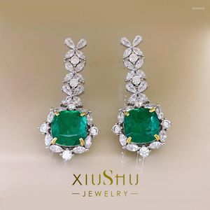 Stud Earrings 5 Carat Artificial Colombian Emerald 925 Sterling Silver Gold Inlaid Gem E051 Long