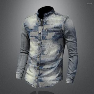 Mäns casual skjortor 2023 vintage personlighet lappar bomull denim hösten mens smala passform långärmad jeans toppar orolig cowboy tröja