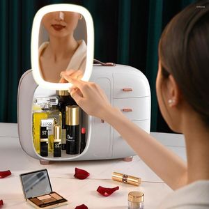 Depolama Kutuları 2022 Kozmetik Kutusu Ayna LED Işık Masaüstü Makyaj Mücevherleri Güzellik Kılıfı Kozmetikler İçin Toz Koşullu Çekmece Organizatör