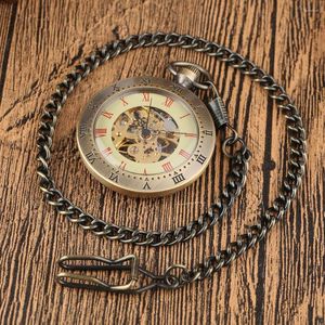 Pocket Watches Vintage Bronze Open Face Pendant Mechanical Hand Winding Watch Men fob chain Romerska siffror Display Luxury Manual Clock