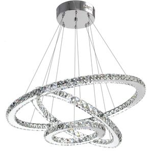 Modern 3 Rings Crystal LED Ceiling Light Fixture, Adjustable Stainless Steel Pendant Lamp for Dining Room