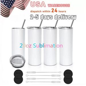 USA Warehouse Sublimation Tumblers Blank20 Oz White Straight Blanks Heat Press Mug Cup With Straw 16oz Sublimation Glass Cola Can Can Bamboo Lid TT1108