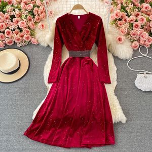 Casual Dresses Spring Autumn Temperament Slim Women Dress Diamond V-Neck Velvet Long Sleeve Fashion Elegant Solid A-Line Party