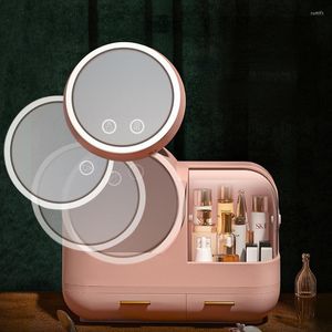 Cajas de almacenamiento Caja de alta calidad Luz LED Ventilador interno Cajón de escritorio Producto cosmético de belleza Organizador de maquillaje de plástico
