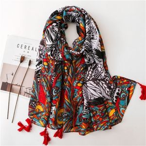 Scarves Winter Fashion Artistic Style Leaves Design Tassel Viscose Shawl Scarf From Indian Women Print Warm Hijab and Wraps Muslim Sjaal 221108