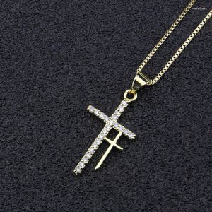 Chains Double Cross Pendant Necklace Gold Color Copper Zircon Stone Initial Chain For Women Religious Prayer Jewelry Gift