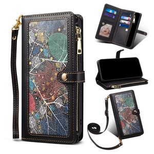 Lanyard Flip Zipper Handyhüllen für Samsung Galaxy S22 Ultra S21 S20 Plus S21FE S20FE Note20 A13 A53 A33 A73 5G Multifunktionaler Kartensteckplatz Graffiti Wallet Shell