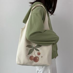 Duffel Bags Literature Cherry Print Tote High Capacity Open Shopping Bag Lady Canvas Shoulder Women Student Bomullsduk Eco Shopper