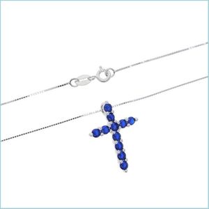 Pendanthalsband Styles Cross Pendant Necklace Paled Blue Purple Cubic Zircon Stone med boxkedja för Women Lady Real 925 Sterling Dhzo9