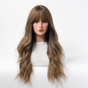 Moda Wavy Wigs com franja fofa para o di￡rio di￡rio de peruca natural sint￩tica longa resistente ao calor