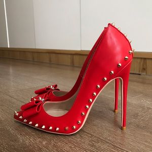 Red Matte Leather Shoes Women Sexy Gold Spikes Bow Pointed Toe Red Bottoms Stiletto Pumps 8cm 10cm 12cm Ladies Rivets Bowtie High Heel Party Shoe Customize