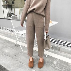 Women's Two Piece Pants Women Autumn Winter Knitted Sweater 2 Set Casual Tracksuit Round Collar Jumpers With High Waist Wide Leg