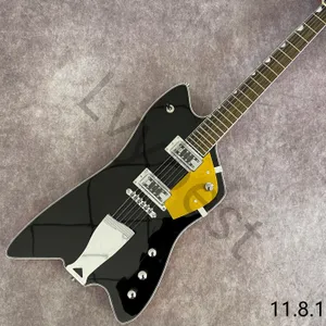 Lvybest Electric Guitar Musical Instrument Solid Black Top Natural Back Long Tail Chrome Parts Gold Metalic Pickguard