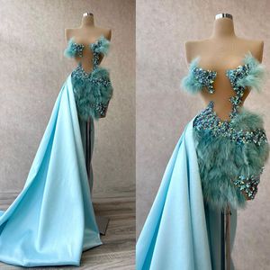 Sexy Feather Short Prom Dresses Illusion Sleeveless Beads Mini Cocktail Handmade Flowers Evening Dress Formal Vestido De Fiesta De Boda