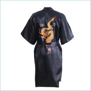 Ev Kıyafetleri Siyah Çinli Erkek Saten İpek Cobe Nakış Ejderha Kimono Banyo Elbisesi Unisex Gevşek Batrobe Boyut M L XL XXL XXXL D0317 DHW9D