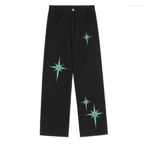 Men's Pants Vintage Mens Jeans Harajuku Streetwear Hip Hop Embroidered Star Baggy Denim Causal High Waist Trousers Black