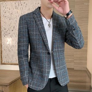 Herrdräkter herrar blazer högkvalitativ affärsdräkt bankett topp casual vintage lite plaid jacka mode manlig smal fit kappa